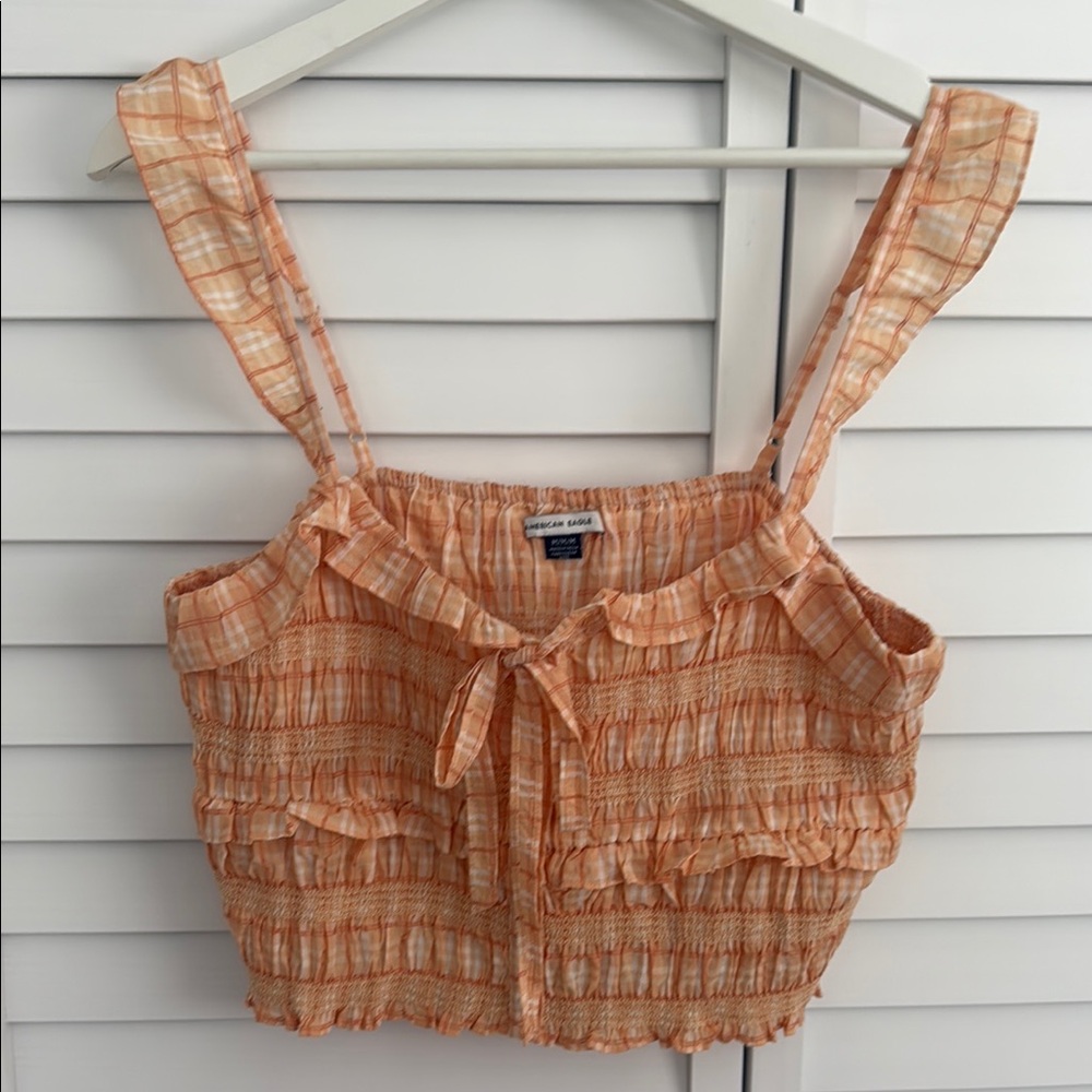 American Eagle Outfitters Orange Smocked Crop Tank Top